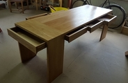 Solid oak table with dovetail joined drawers open 2